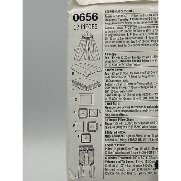 Simplicity 0656 Bedroom Decor Sewing Pattern 12-Pc Set For Canopy Duvet & Pillow - Picture 3 of 3